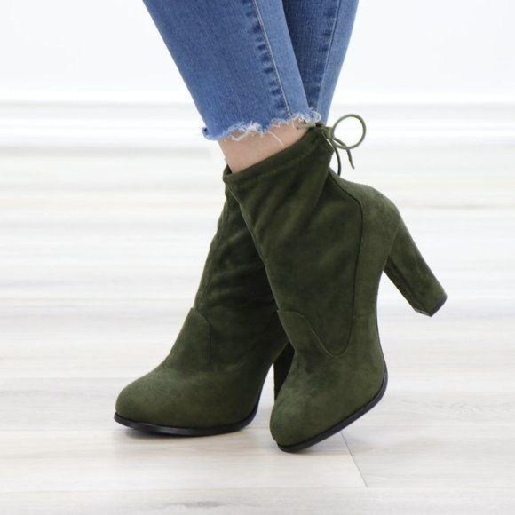 Round Toe Olive Suede Ankle Heeled Boots, Booties - Picture 3 of 12